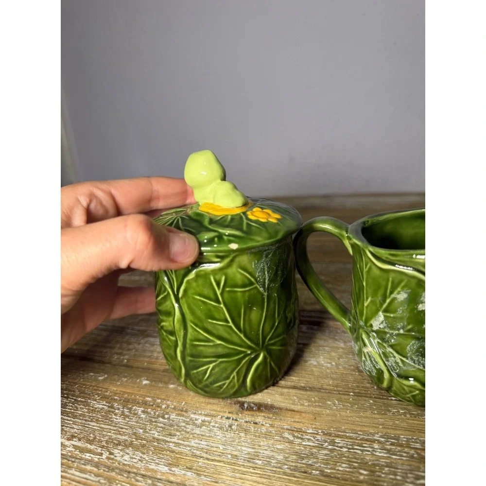 Vintage Neil the Frog Lily Pad Ceramic Cream Sugar Set Green Kitsch Cottagecore